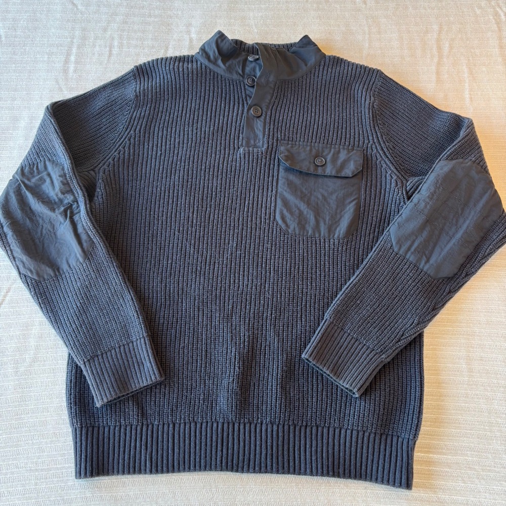 Duluth Trading Co Mens Gray Ribbed Henley Sweater Nylon Trim Elbow Patches M